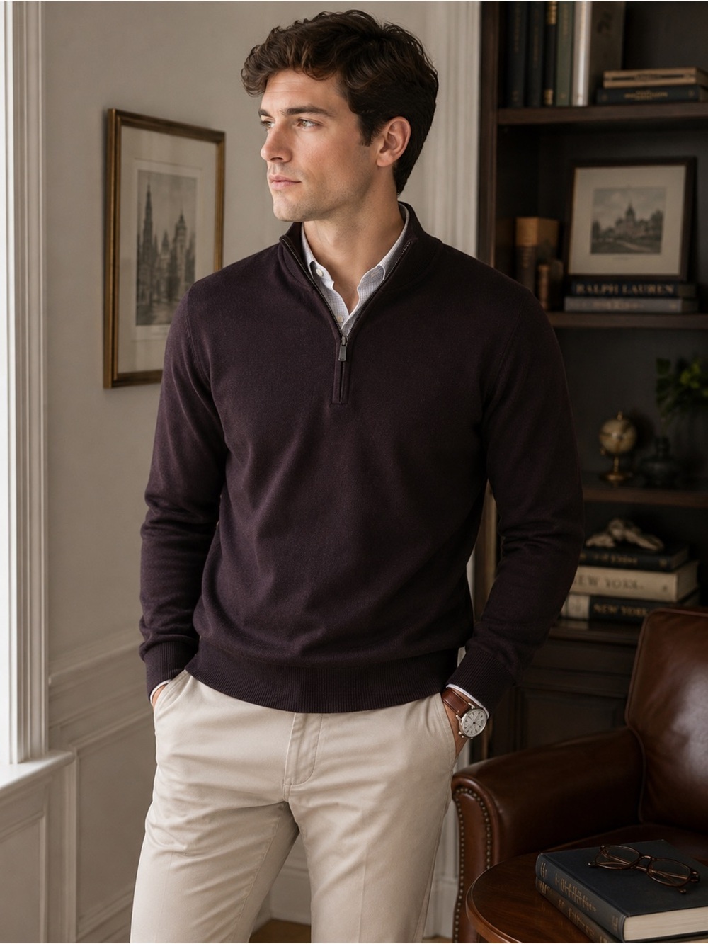 Club Monaco Dark purple Zip Sweater 100% Wool Dark Academia Office Quiet Luxury